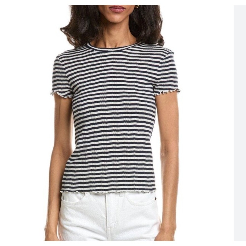Splendid Como Pointelle Tee Navy Cream Striped Lettuce Edge Top M Y2K French 90s